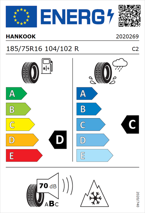 Tyre Label for Hankook Vantra LT RA18 185/75R16 104/102R