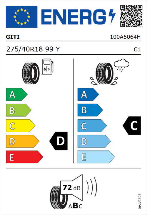 Tyre Label for Giti GitiControl 288 275/40R18 99Y