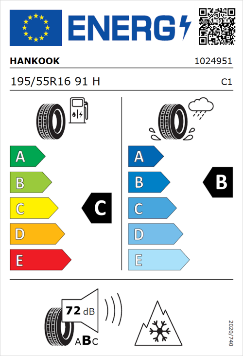 Tyre Label for Hankook Kinergy 4S 2 H750 195/55R16 91H