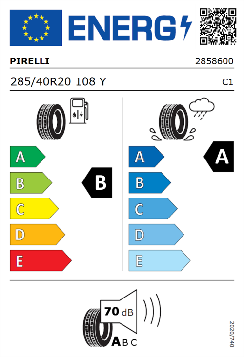 Tyre Label for Pirelli Cinturato P7 BLUE 285/40R20 108Y