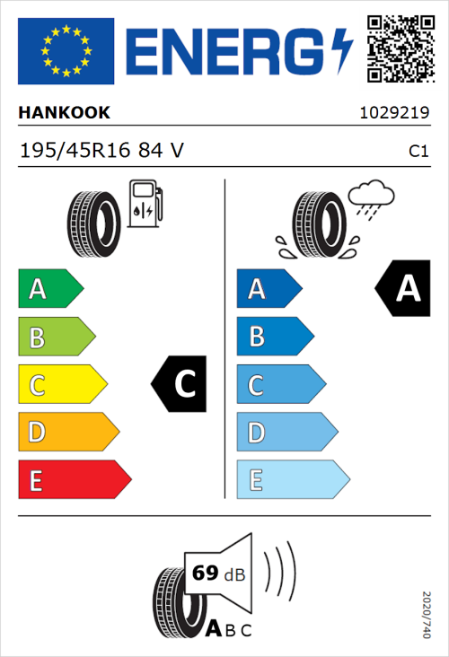 Tyre Label for Hankook Ventus Prime 4 (K135) 195/45R16 84V