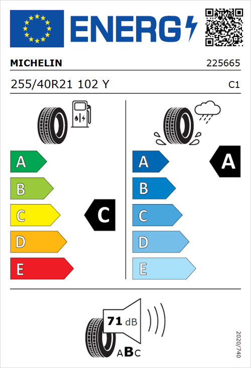 Tyre Label for Michelin Pilot Sport EV 255/40R21 102Y