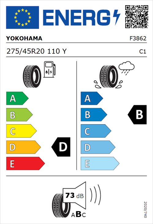 Tyre Label for Yokohama V103H 275/45R20 110Y