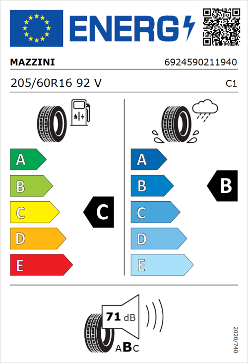 Tyre Label for Mazzini Eco 307 205/60R16 92V