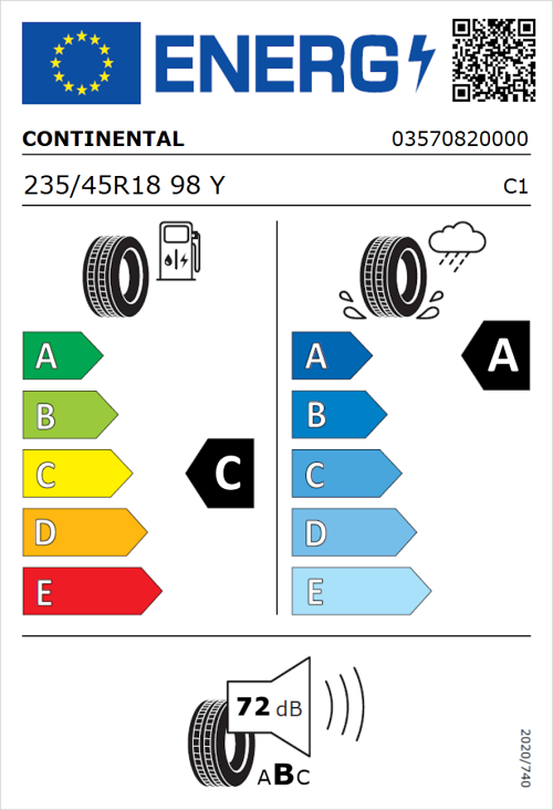 Tyre Label for Continental PremiumContact 6 235/45R18 98Y