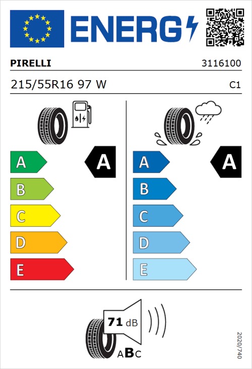 Tyre Label for Pirelli Cinturato P7 BLUE 215/55R16 97W